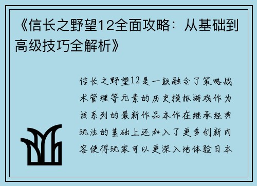 《信长之野望12全面攻略:从基础到高级技巧全解析》