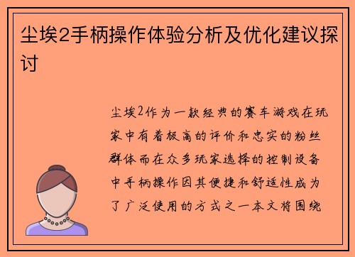 尘埃2手柄操作体验分析及优化建议探讨