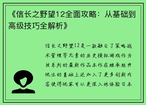 《信长之野望12全面攻略:从基础到高级技巧全解析》